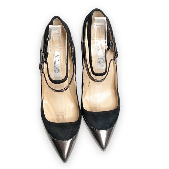 Oscar de la Renta Black Suede Metallic Leather Strap Pumps Women’s Size 37 / 6.5 - Picture 3 of 9